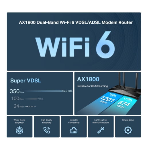 Picture of TP-Link Archer VX1800v AX1800 Dual-Band Wi-Fi 6 VDSL/ADSL Modem Router
