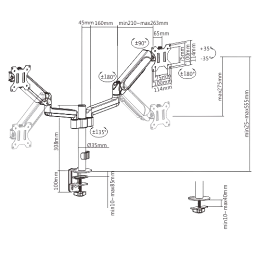 Picture of Brateck Dual Monitor Pole-Mounted Gas Spring Monitor Arm Fit Most 17"-32"